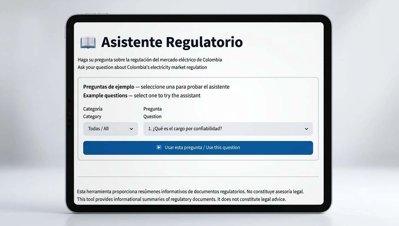 Cabecera del Asistente Regulatorio CREG con el selector de preguntas de ejemplo